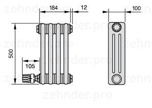 Схема (чертеж) Радиатор Zehnder Charleston 3050/4 №V003 Белый глянцевый RAL 9016